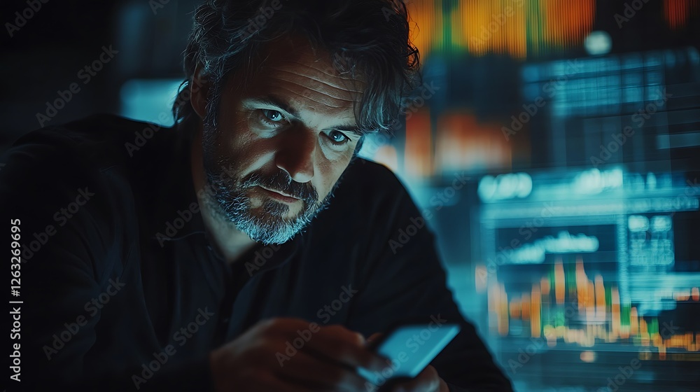 Poster serious man using smartphone in dark room with illuminated stock market data in background.