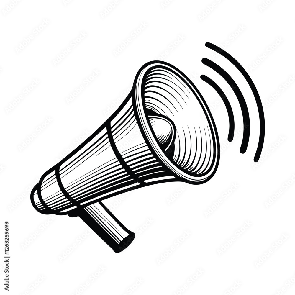 Poster create a clean, editable stroke vector graphic of a megaphone emitting sound waves. include detailed
