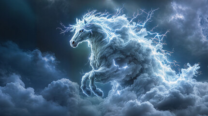 A powerful horse formed entirely from swirling storm clouds, lightning crackling through its mane, standing tall against a darkened sky, embodying raw energy and nature’s fury.