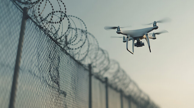 A drone flying near a fence with barbed wire on top. The drone is white and has four propellers. The fence is made of metal mesh and is in the background.