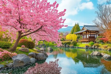 Obraz premium Japanese garden with cherry blossom, sakura, with water lake and japanese houses