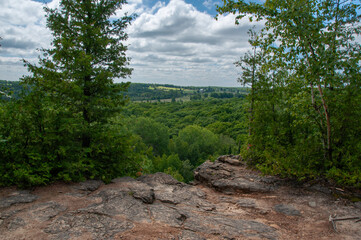 Looking through the trees from the top of the Niagara Escarpment. A view of forest and farm fields along the Bruce Trail during the summer