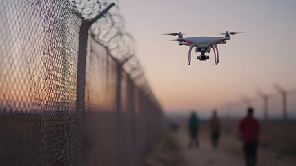 Drone patrols near a fenced border as blurred figures walk into the twilight. Technology meets security against a backdrop of shifting light and blurred lives.