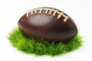 Leather American football resting on vibrant green grass isolate on white background