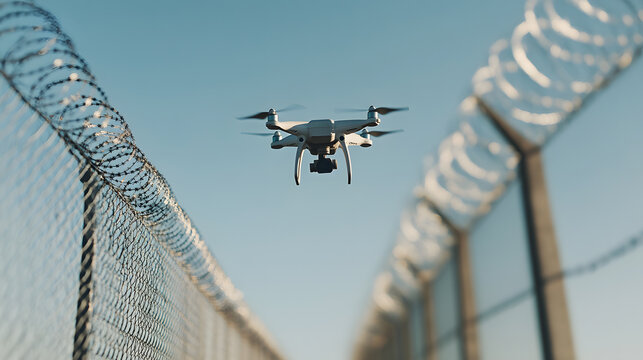 Drone Flying Near Barbed Wire. Remote aerial vehicle hovers in a secure location, emphasizing surveillance & boundary control in clear blue sky.