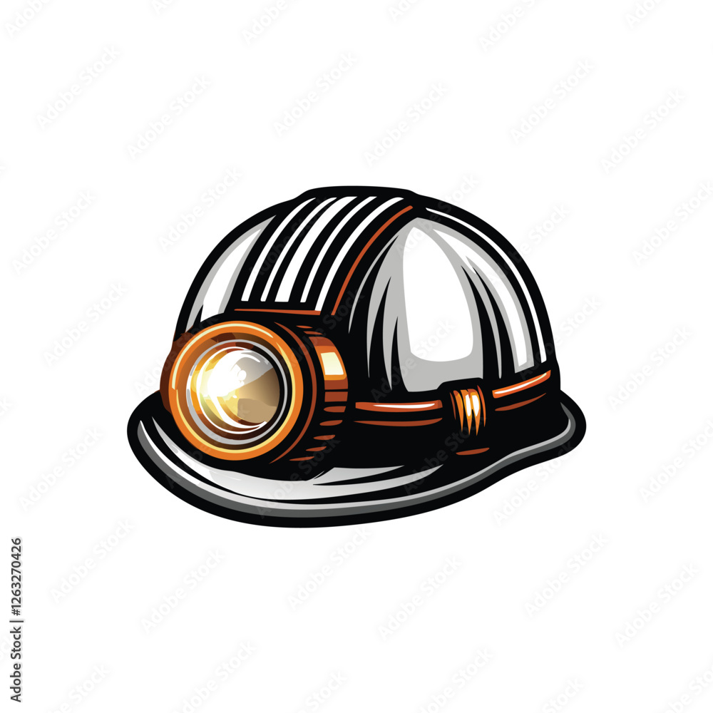 Poster create a clean, editable stroke vector graphic of a miner's helmet, featuring a headlamp. include op