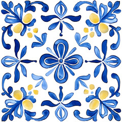 Watercolor artwork, blue and yellow azulejos tile Traditional Portuguese Mosaic