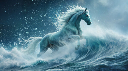 white horse in the ocean coming from a wave 