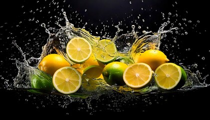 Juicy citrus fruits immersed in water with dramatic splash and reflections
