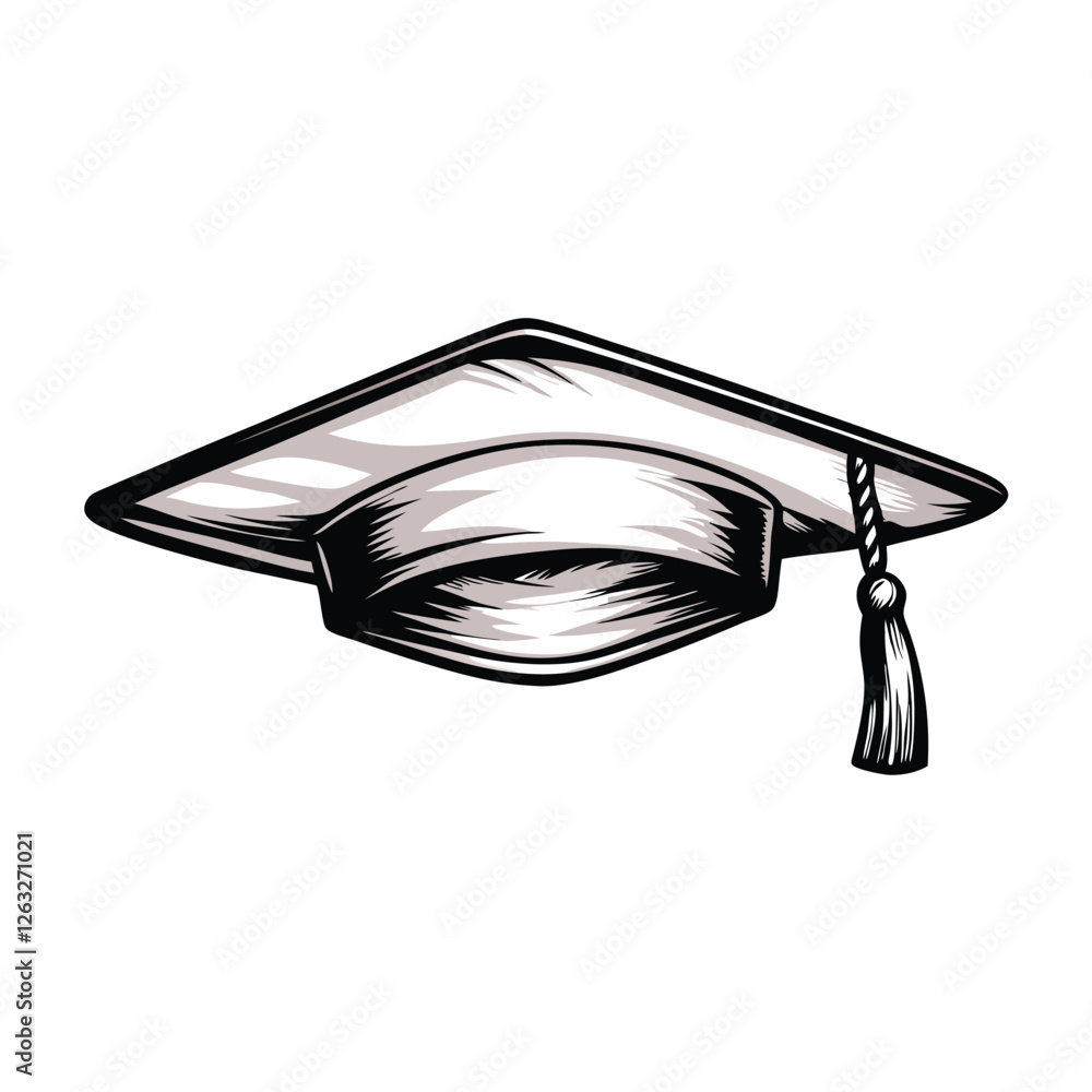 Poster create a clean, editable stroke vector illustration of a graduation cap with a number '1' subtly int
