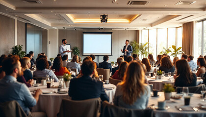 A well-lit conference room with engaged attendees and a speaker presenting on stage.