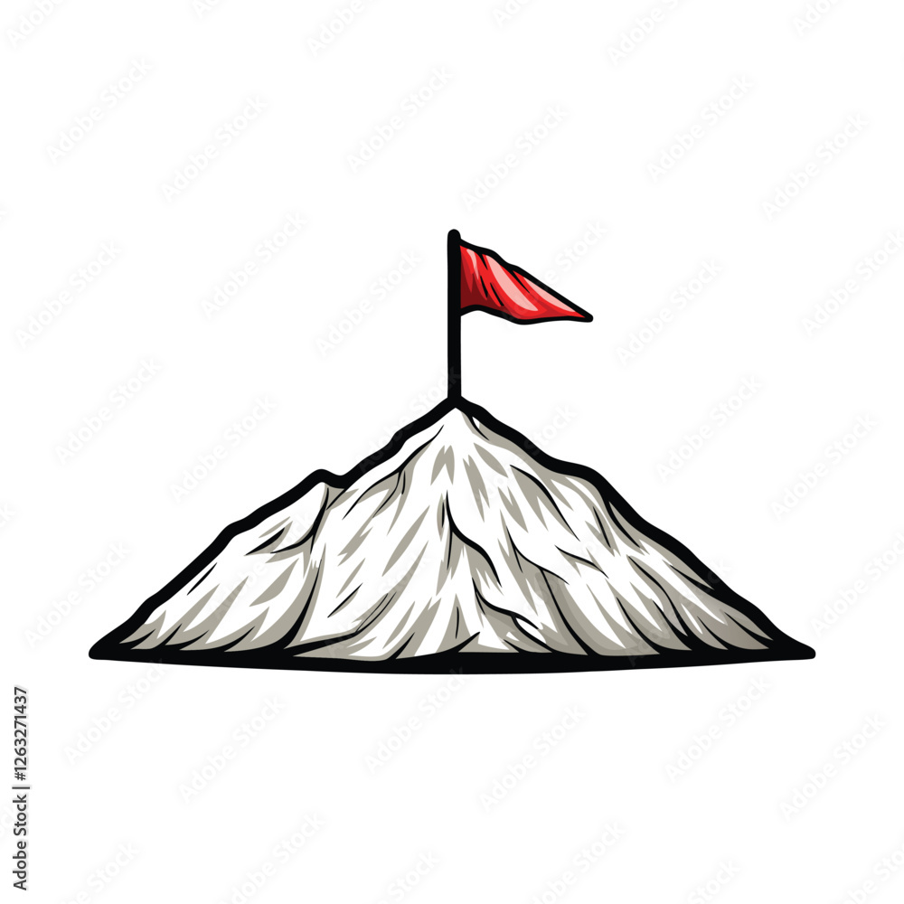 Poster create an editable stroke vector graphic of a majestic mountain peak with a stylized 'f' incorporate