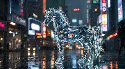 A transparent glass horse standing in a neon-lit city as rain pours down.