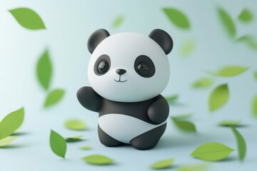 Obraz premium Cute cartoon panda bear waving amidst falling green leaves on a light blue background.