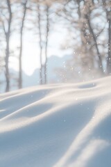 Obraz premium Snowy landscape with gently undulating snow drifts, illuminated by soft sunlight, with blurred trees and mountains in the background, and snowflakes gently falling.