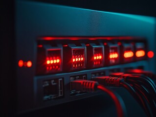 Close-up of server ports with red lights and cables.