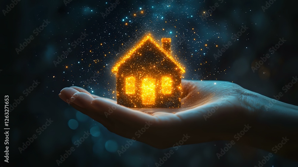 Poster glowing magical house silhouette floating on open palm against dark background with sparkles and bok