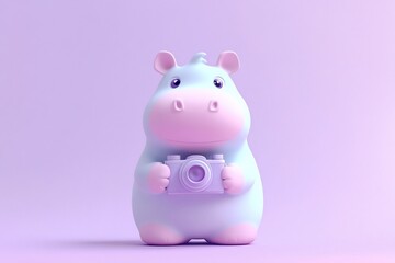 Cute cartoon hippopotamus holding a camera against a purple background.