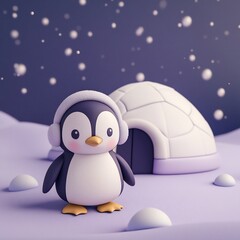 Cute penguin wearing earmuffs near an igloo in snowy landscape.