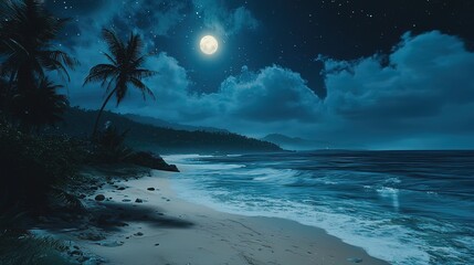 Tropical beach at night under a full moon, palm trees, dark blue sky with stars, waves crashing on the shore.