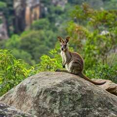 Obraz premium Kangaroo on rock outcrop, Australian wilderness, overlooking valley
