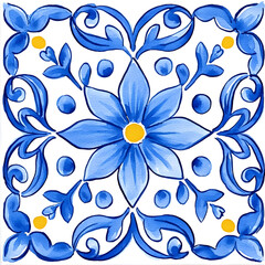 Watercolor artwork, blue and yellow azulejos tile Traditional Portuguese Mosaic