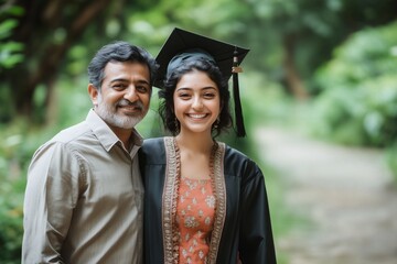 A joyful indian female student in a graduation gown, accompanied by her father on graduation day