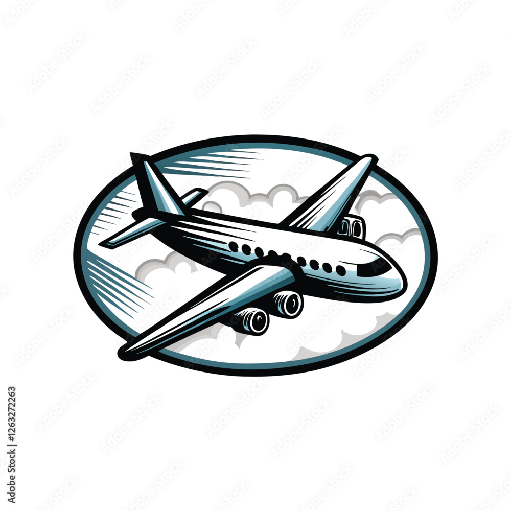 Poster create an editable stroke vector graphic of a detailed airplane in flight, showcasing sleek design a