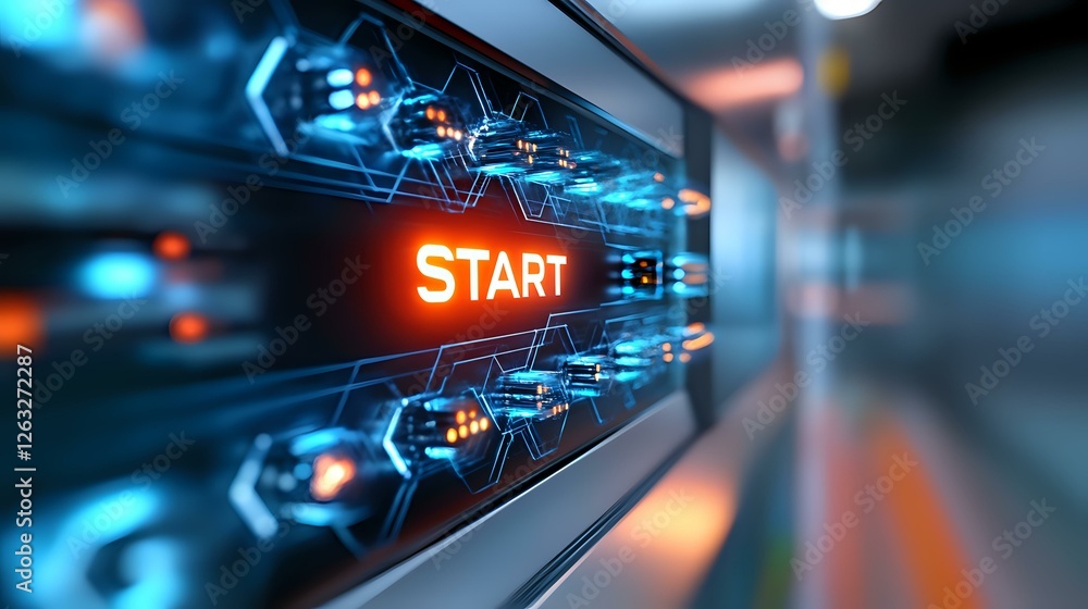 Poster glowing orange start button on futuristic technological interface with blue hexagonal pattern and pe