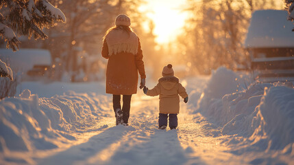 Mother and child walk snowy path sunset winter village