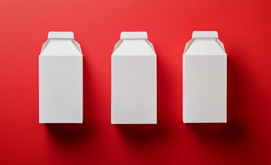 Three blank white gable top milk cartons on red background.