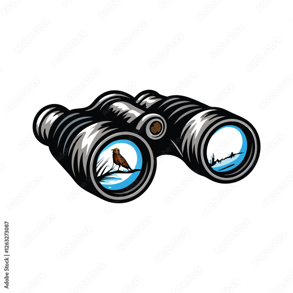Poster create a clean, editable stroke vector graphic of a pair of classic binoculars, suitable for various