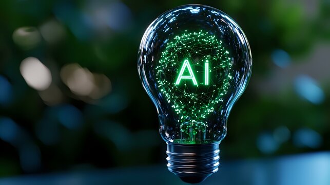 Glowing light bulb with green AI text and particles inside on dark background, symbolizing artificial intelligence innovation and technological breakthrough.