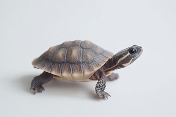 Obraz premium Adorable baby turtle with dark shell and light underbelly crawling on white background.