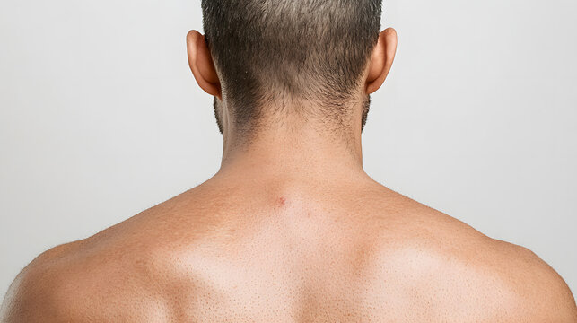Close-up back view of an adult man, focused on the upper back and neck area. The skin's texture and a small blemish are visible against a neutral backdrop.