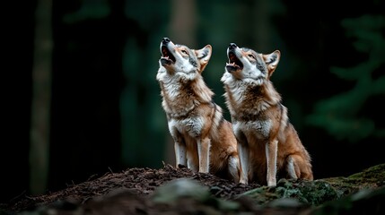 Obraz premium Two howling coyotes sitting together on forest ground against dark green background, wild animals in natural habitat showing pack behavior and communication.