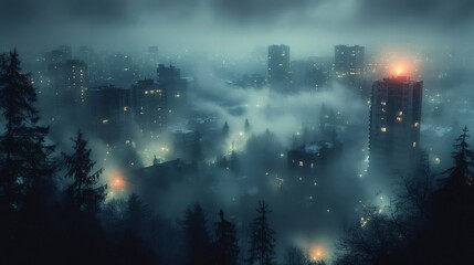 Fog rolling through city at night, creating ethereal atmosphere