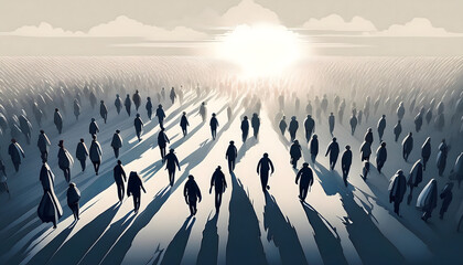 Gray spectrum silhouettes of people walking to the same target, back view. Consumption in modern life , drug addiction ....Generative AI