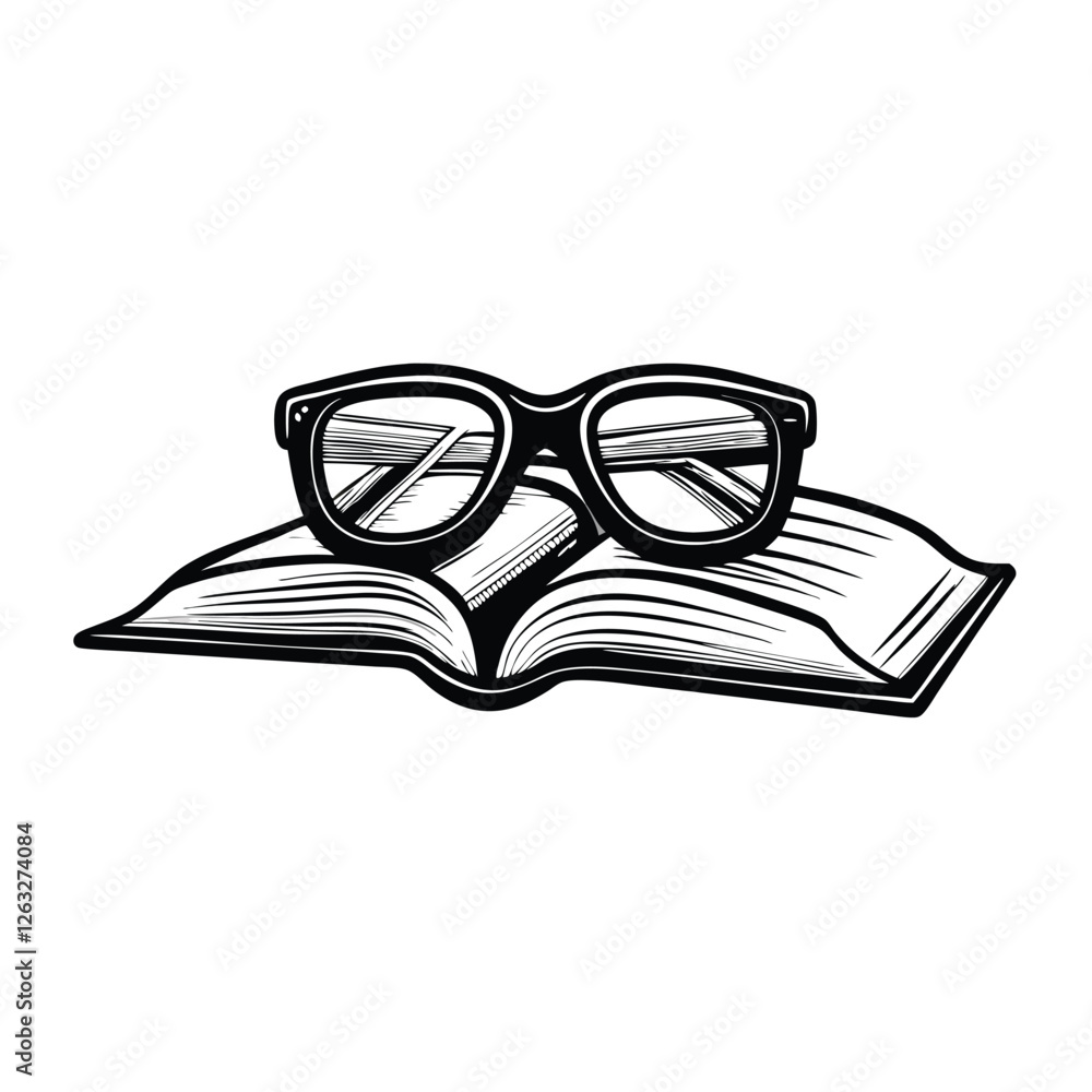 Poster create a clean, editable vector illustration of a stylish pair of eyeglasses with a distinct frame d
