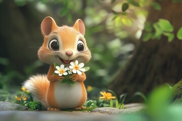 Fototapeta premium Adorable cartoon squirrel holding wildflowers in a forest.
