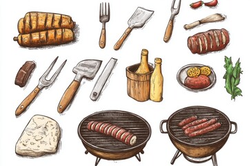 A collection of cartoon style illustrations depicting various grilling tools and food items such as tongs, flaming burners, grilled sausages, cheese, with detailed outlines.