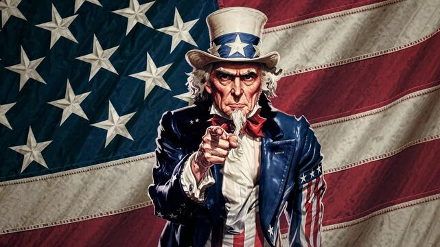 Patriotic video concept featuring Uncle Sam pointing directly at the viewer. Low-angle shot with a stylized, vintage illustration style.