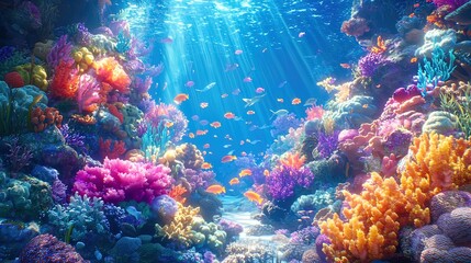 Fototapeta premium Vibrant coral reef teeming with colorful fish and vibrant coral formations, bathed in sunlight.