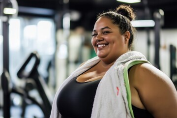 Fototapeta premium plus size woman in the gym with a towel on her shoulder