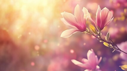Blooming magnolia flowers on a branch with warm sunlight and soft bokeh background. Spring floral nature concept for design, greeting cards, and seasonal advertising. 