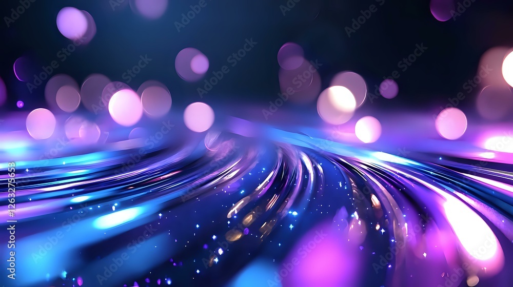 Poster glowing curved light trails with purple and blue bokeh effects create dynamic motion on dark backgro