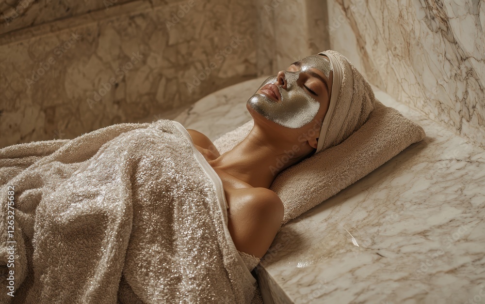 Wall mural Woman relax in SPA wrapped in a soft towel, with a silver detox mask, lying on a heated marble stone in a luxurious Turkish hammam.