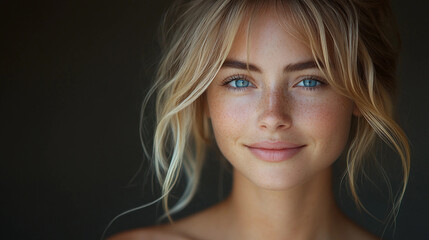 Fototapeta premium Young woman with blonde hair and blue eyes is smiling for the camera