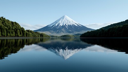 Obraz premium Majestic snow-capped mountain peak reflected in calm lake waters, surrounded by dense forest landscape. Mirror-like surface creates perfect symmetrical reflection.