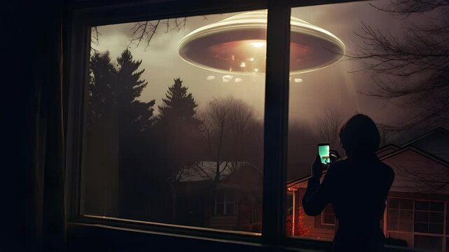 Nocturnal smartphone footage capturing glowing unearthly spacecraft silhouette emerging through residential window, revealing unidentified aerial phenomenon